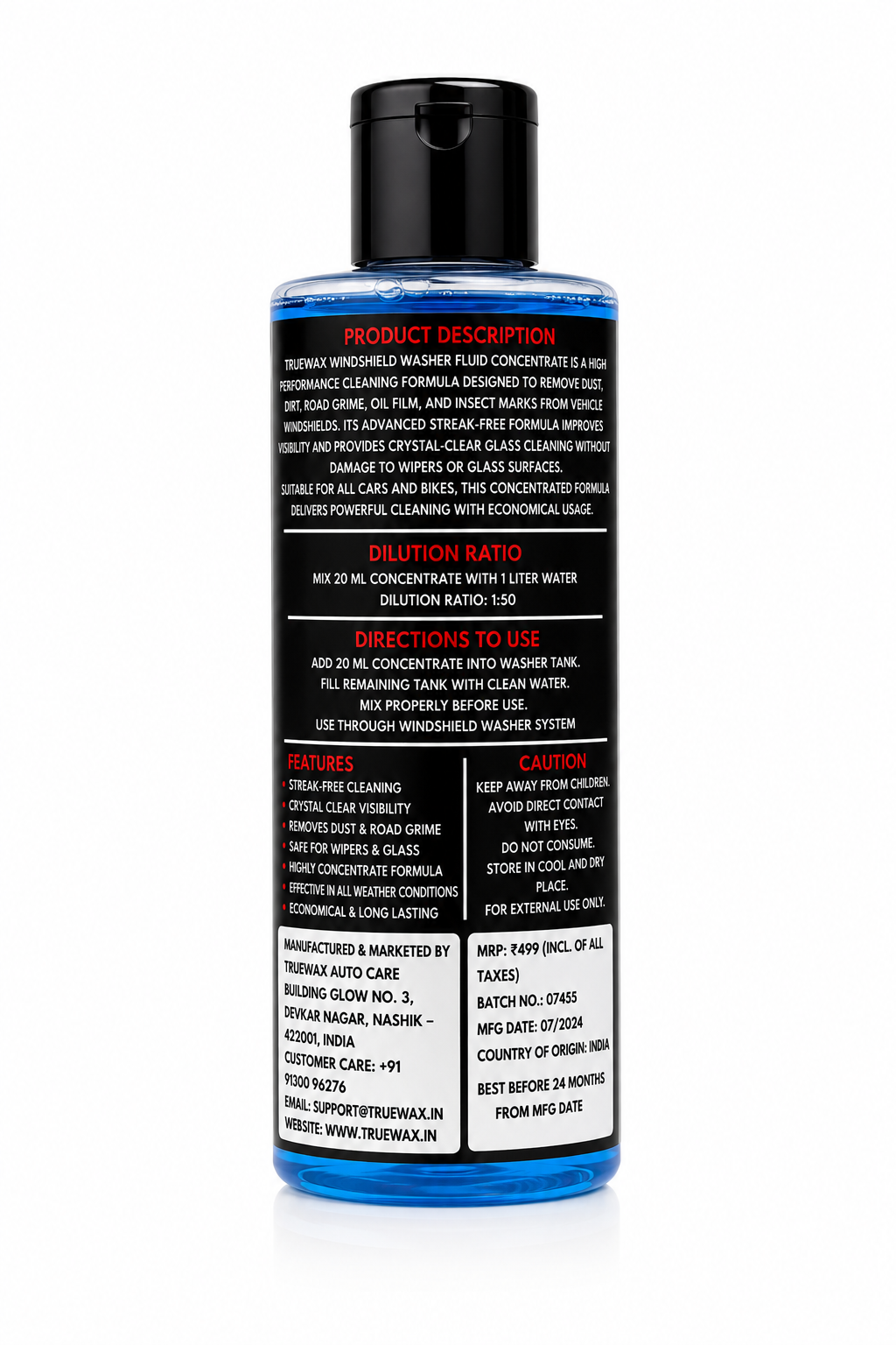 TrueWax Windshield Washer Fluid – Powerful Car Glass Cleaner for Crystal Clear Visibility | Removes Dust, Mud, Bugs & Road Grime | Streak-Free Formula | Safe for All Cars (200ml / Concentrate)