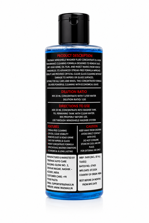 TrueWax Windshield Washer Fluid – Powerful Car Glass Cleaner for Crystal Clear Visibility | Removes Dust, Mud, Bugs & Road Grime | Streak-Free Formula | Safe for All Cars (200ml / Concentrate)