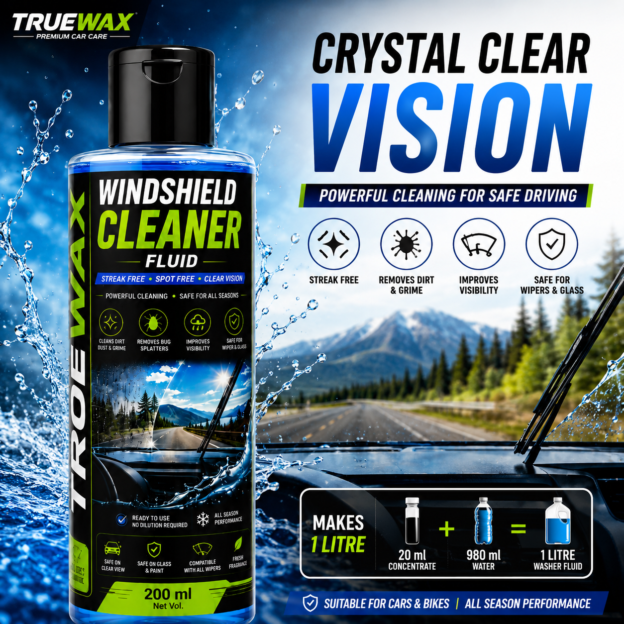 TrueWax Windshield Washer Fluid – Powerful Car Glass Cleaner for Crystal Clear Visibility | Removes Dust, Mud, Bugs & Road Grime | Streak-Free Formula | Safe for All Cars (200ml / Concentrate)