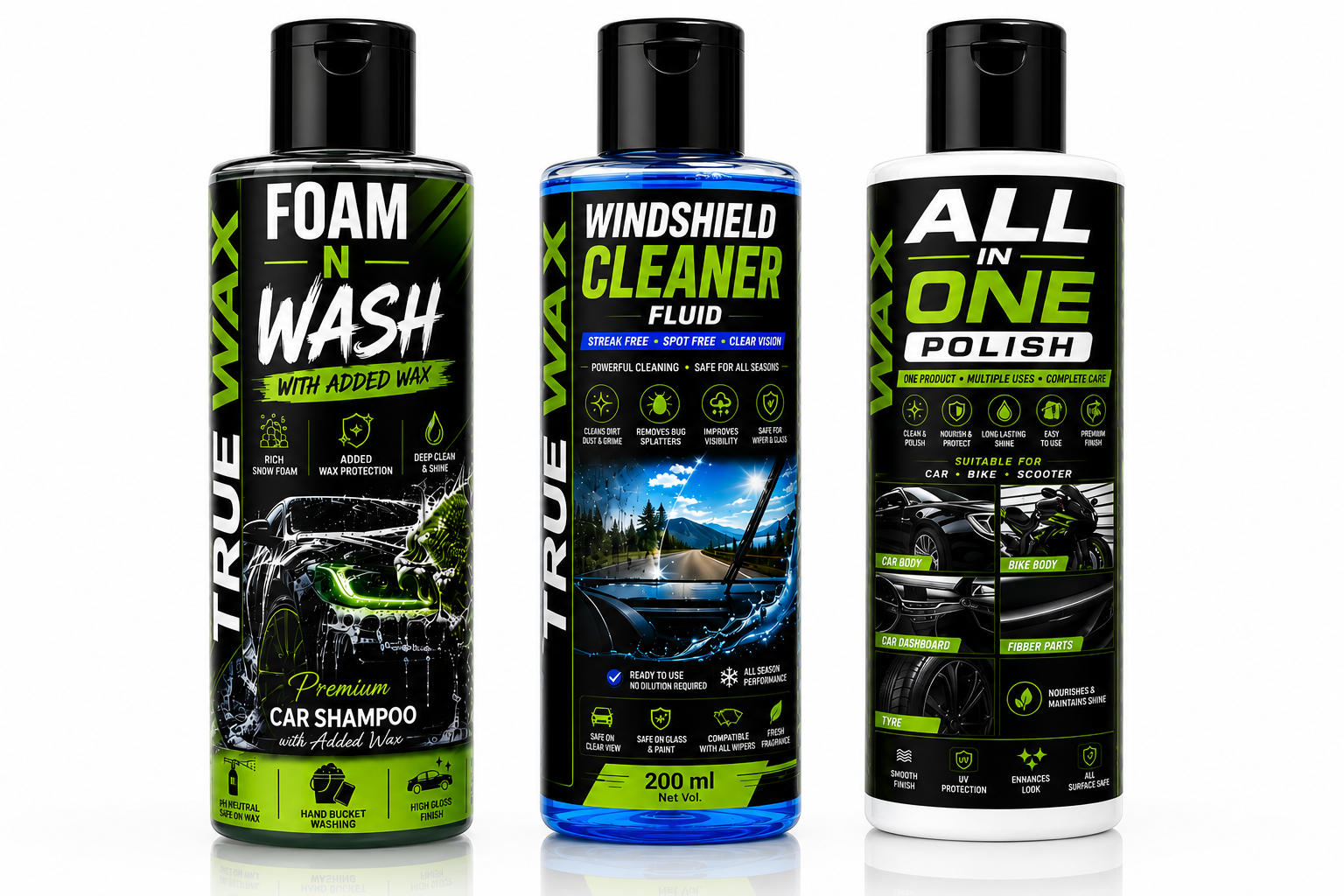 TrueWax Autocare 3 in 1 Car Care Combo Pack – Car Shampoo, All in One Polish & Windshield Washer Fluid | Deep Clean, Shine & Clear Visibility
