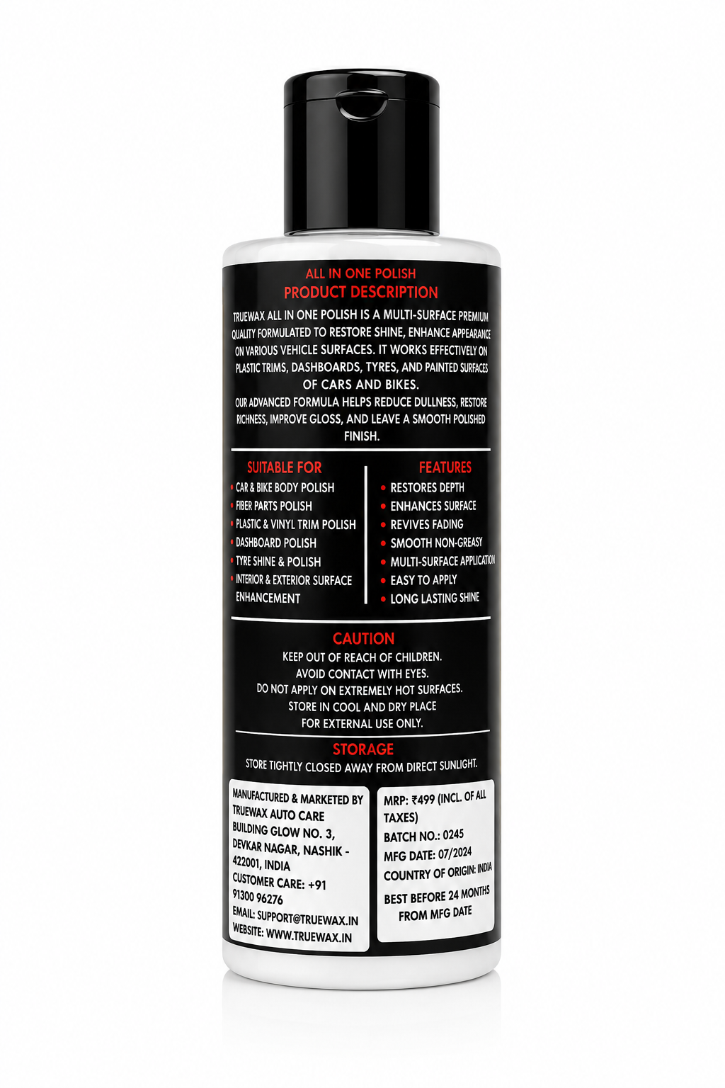 TRUE WAX ALL IN ONE POLISH  Multi Purpose Polish – Premium Shine & Protection for Cars & Bikes | 200 ml